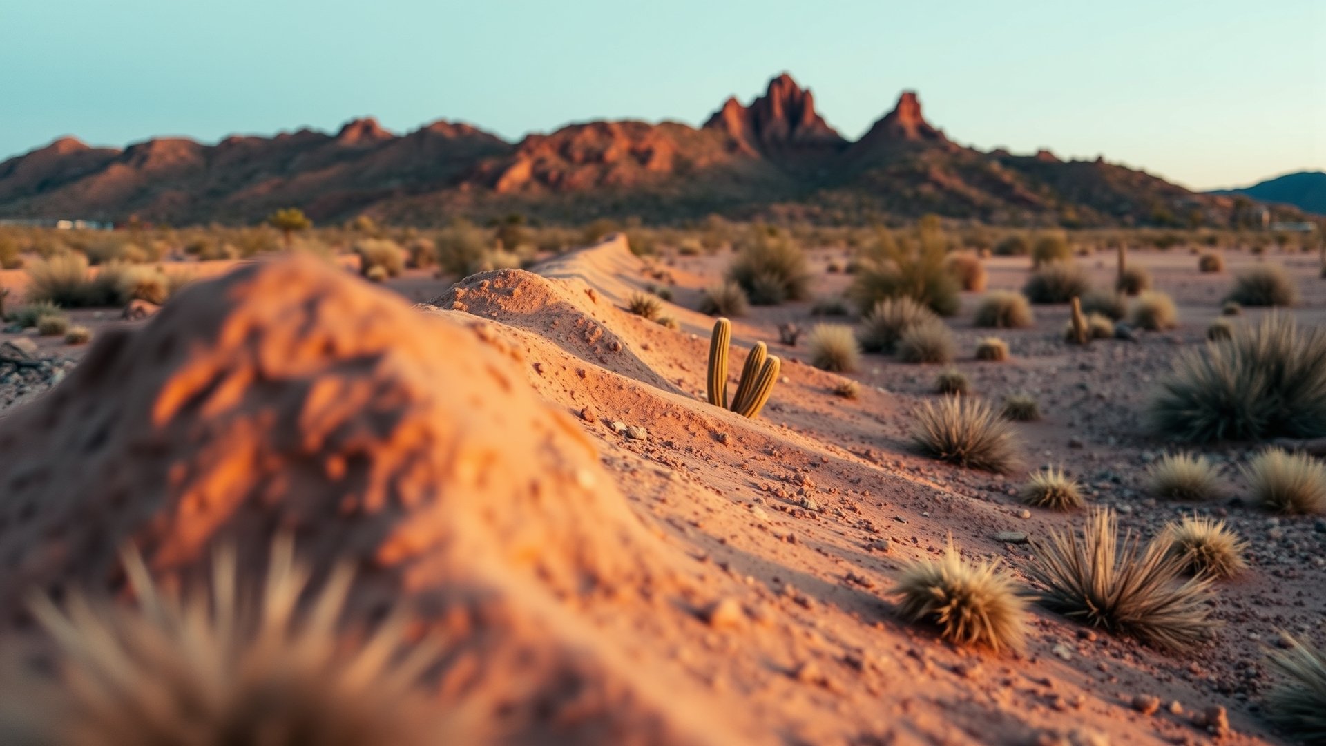 Solar panels over desert crops with saguaro cacti and mountains in the background during golden hour