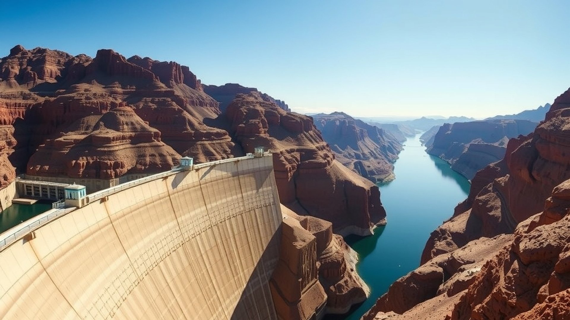 The Colorado River winding through red rock canyons with irrigation canals and modern water infrastructure visible in the distance