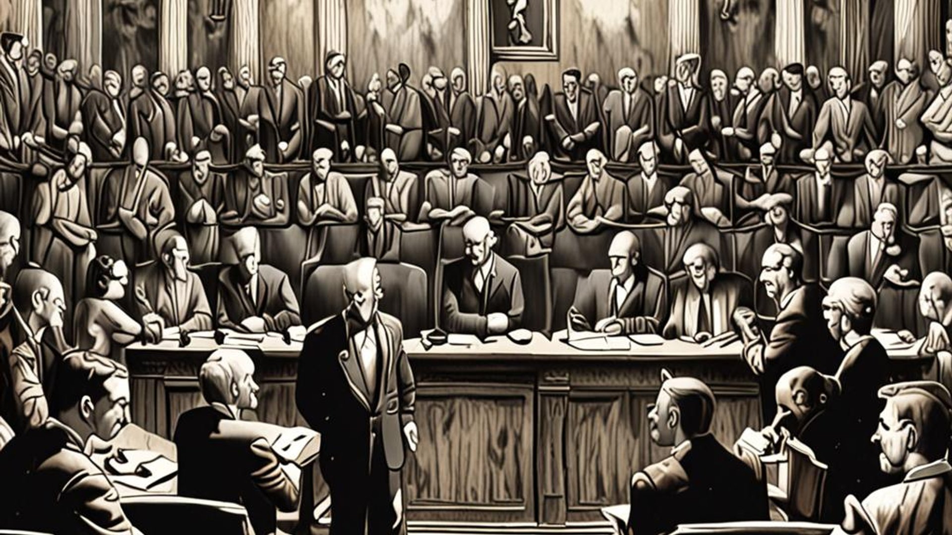 Supreme Court building with constitutional documents and modern legal briefs layered in the composition, showing the evolution of jurisprudence