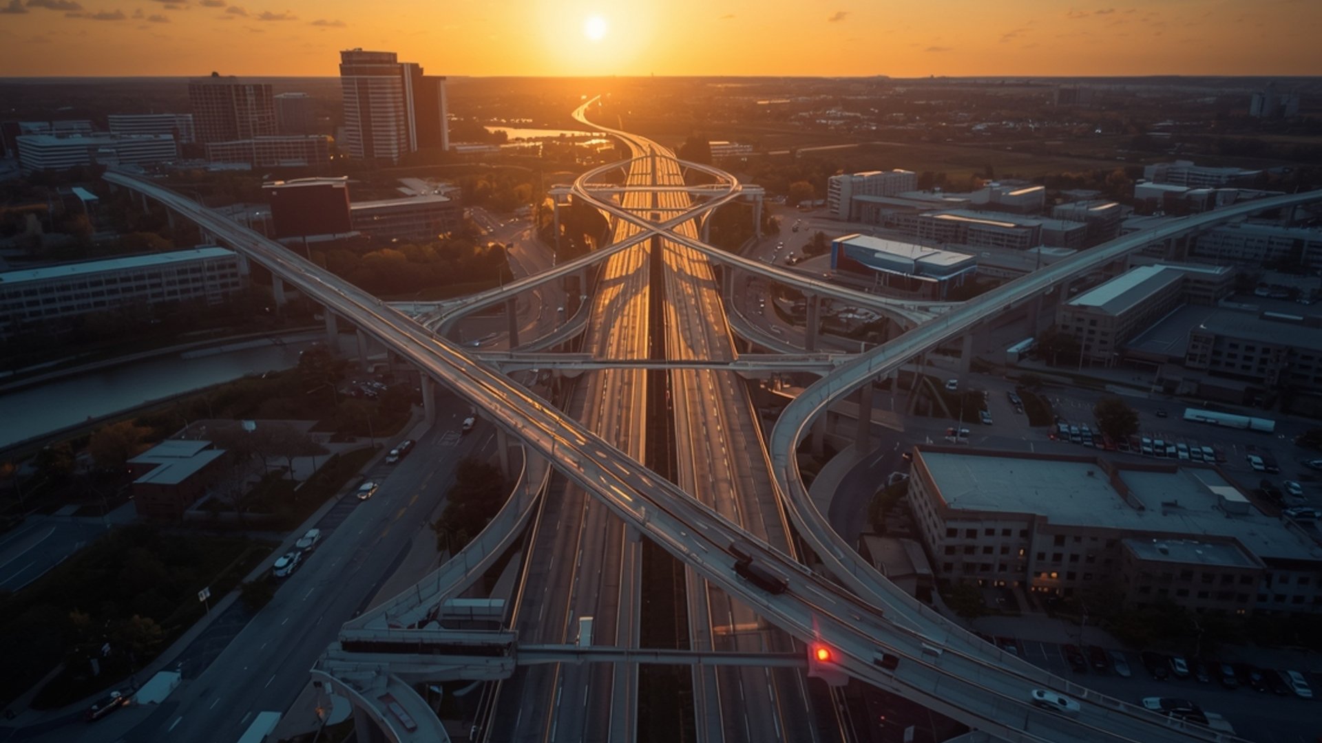 Construction cranes silhouetted against orange sunset sky over highway construction