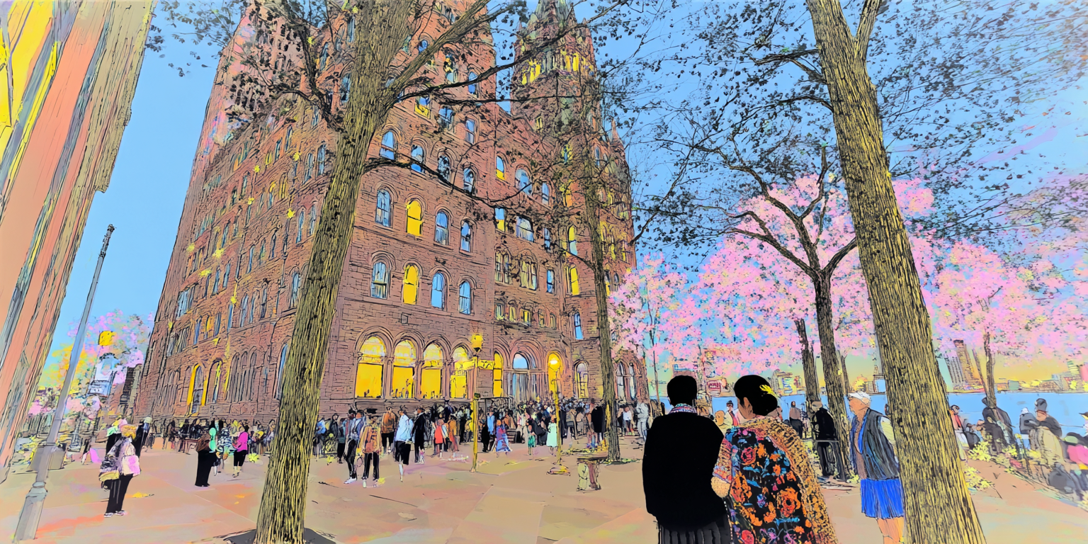 Sol Meridian - Urban plaza with cherry blossoms